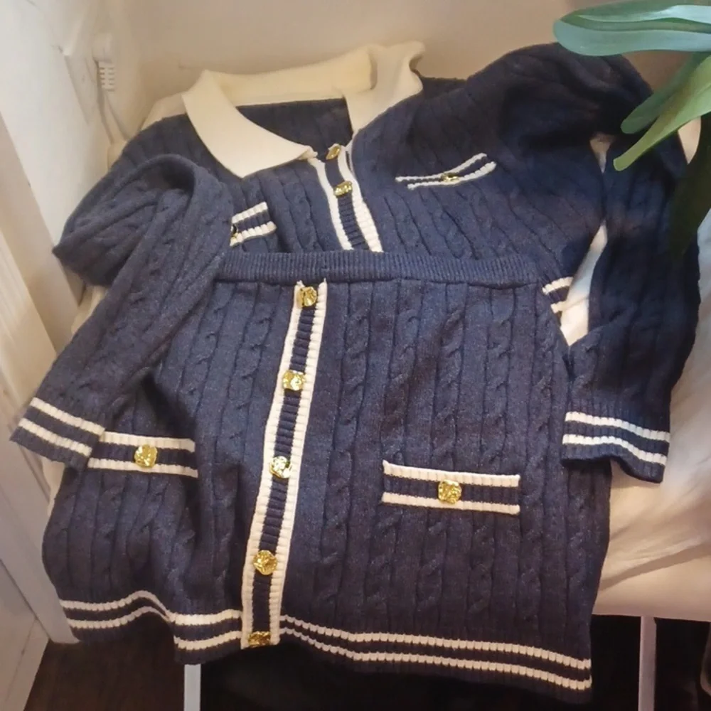 MICAS Navy Blue Soft Stretch Cable Knit Cardigan & Mini Skirt Set XL - Picture 1 of 6